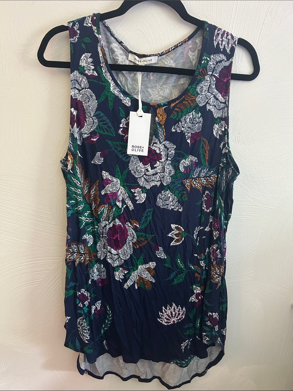 Rose & Olive Navy Sleeveless Floral Tank with Green & Purple Accents